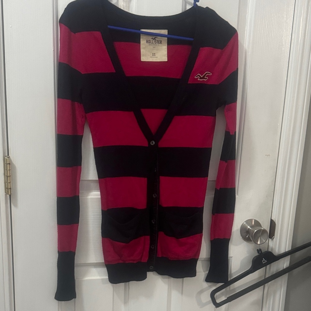 Hollister Navy and Pink Striped Sweater